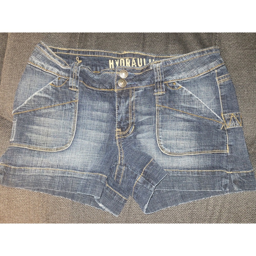 Hydraulic Women Denim Shorts Medium Wash Double Button Size 7/8 Blue Stretch y2k